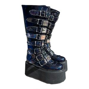 Demonia Damned 318 Black Knee High Boots Buckle Platform Gothic Iridescent